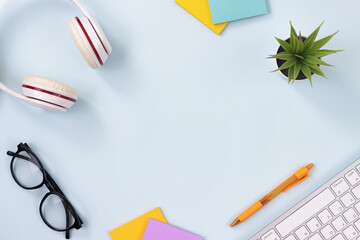 Modern Clean Creative Office Desk or Table on Top View or Flat Lay and Stationery as...
