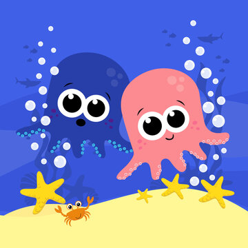 cute baby octopus cartoon illustration with bubbles and under the sea background. Design for baby and child