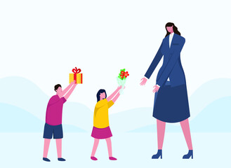 World Teacher Day vector concept: Kids giving a gift box and flower to their teacher