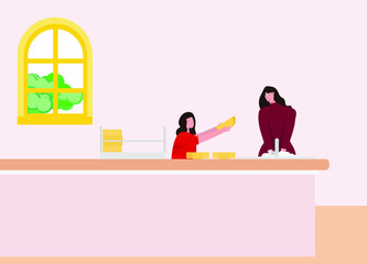 Doing housework vector concept: Little girl helping her mother to wash the dishes in the kitchen