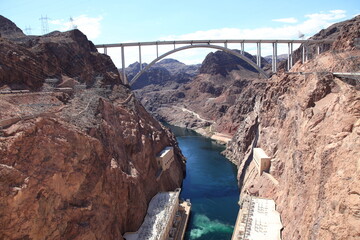 Aerial View of Hoover dam on the Colorado River at the border between Arizona and Nevada, USA