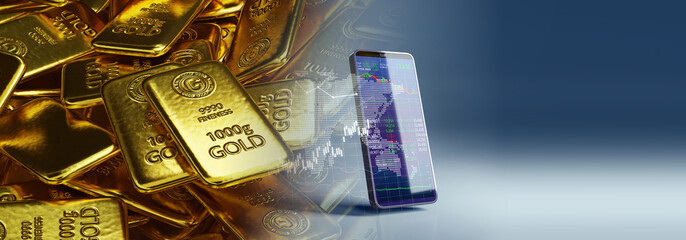 banner of shiny gold bars on financial gold price graph  3d illustration