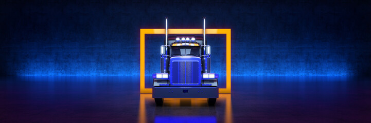 Black heavy truck with yellow frame on black background. 3d rendering © lchumpitaz