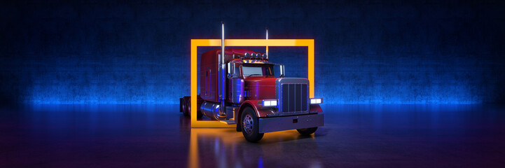 Red heavy truck with yellow frame on black background. 3d rendering