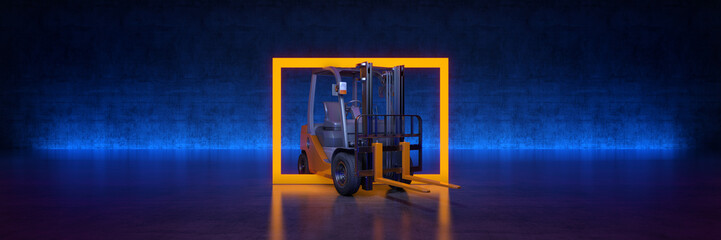 Forklift truck with yellow frame on black background. 3d rendering