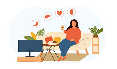 Fototapeta na wymiar Obesity through unhealthy lifestyle concept showing a fat woman eating takeaways in front of the Tv below icons of human organs, colored vector illustration