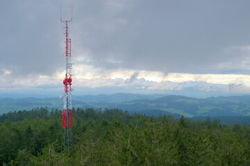 View from the lookout tower Breitenstein in Kirchschlag towards the sent-towers during storms and rain
