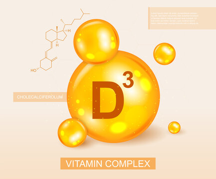 Golden Vitamin D3 complex and molecular diagram in a nutritional, medical and dietary concept, colored vector illustration