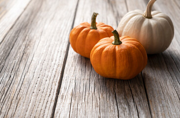 Orange pumpkin and white pumpkin on an old wood.