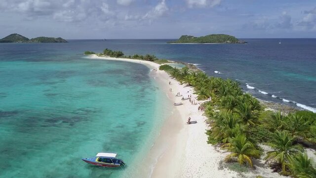 Aerial drone shot along Sandy Island Beach, Carriacou, Grenada