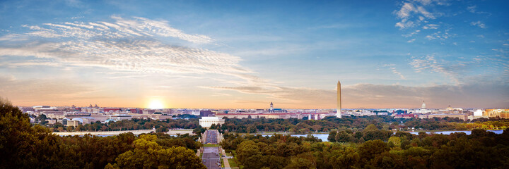 Panorama view of Washington DC skyline when sunset seen from Arlington cemetery, Washington DC, USA. - obrazy, fototapety, plakaty