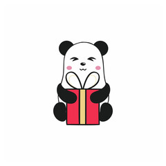 Cute Panda with closed eyes unpacks a gift for New year, birthday, Christmas or other holiday. Funny new year sticker 2021. Vector illustrations are humorous illustrations. Drawing for children.
