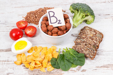 Ingredients containing vitamin B2 and dietary fiber, healthy nutrition concept