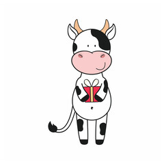 Cute bull isolated on a white background holding a gift. Symbol of 2021. Vector cartoon illustration for new year, Christmas, birthday. Design greeting cards, greetings, stickers for the web site.