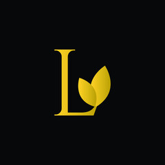 Initial Letter L Flourishes logo monogram in gold color and black background.