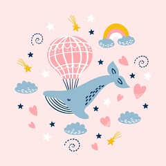 Cute whale with rainbow, cloud and stars.