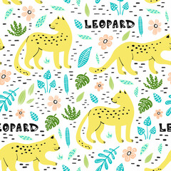 Seamless pattern with hand drawn leopards
