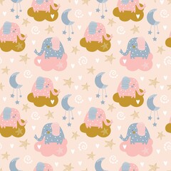 Seamless pattern with elephant and cloud in the sky.