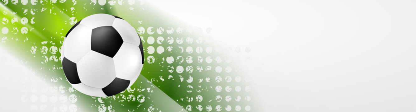 Green grunge abstract sport banner with soccer ball. Vector background
