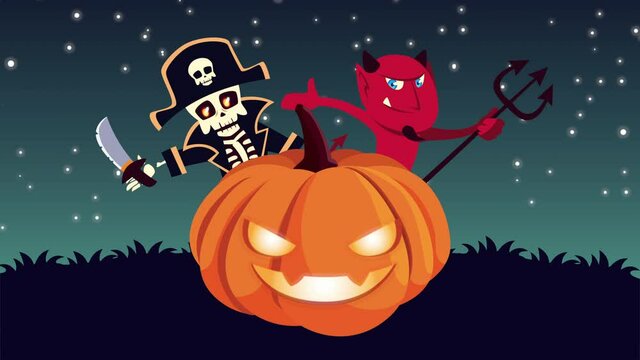 happy halloween animation pumpkin with devil and pirate skull