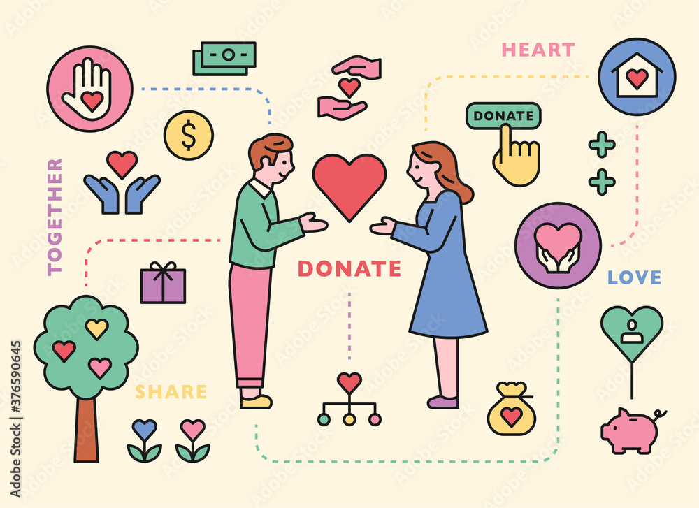 Aufkleber donation icons and characters set. flat design style minimal vector illustration.