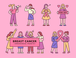 Women in the Breast Cancer Day campaign. flat design style minimal vector illustration.