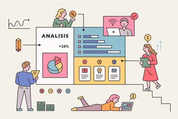 A business web page is floating and people around you are doing research. flat design style minimal vector illustration.