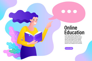 Young happy woman with a laptop in her hands. Education concept doodle icon set. Vector illustration.