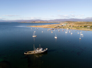 boats in Ushuaia bay, Beagle Channel, Tierra del Fuego in Argentina. South Patagonia