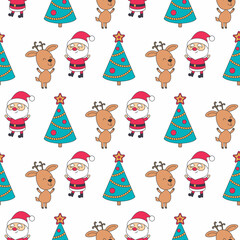 Christmas seamless pattern with Santa Claus and cute deer. Colorful vector background.