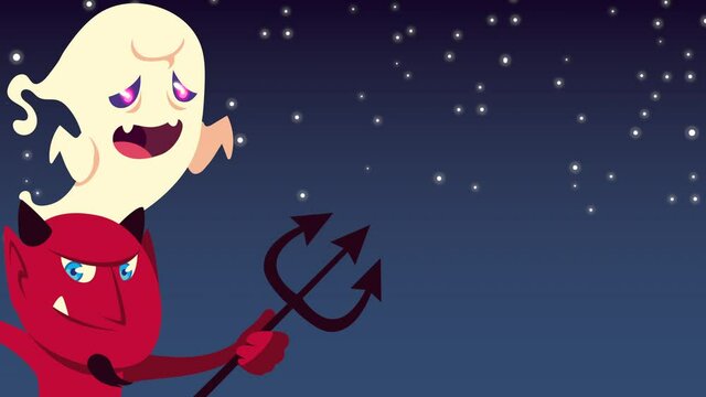happy halloween animation with devil lifting trident and ghost