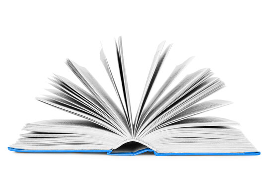 One open paper thick blue book, flipping pages white background isolated close up, hardcover textbook, turning pages, education & knowledge symbol, read & study sign, library literature, studio shot - Powered by Adobe