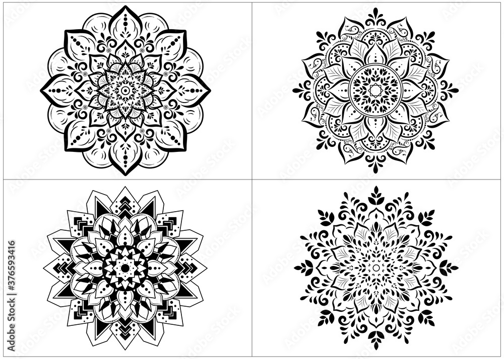 Wall mural Set of round mandalas isolated on white background. Vector Monochrome Set of Mandalas with floral ornament pattern, Ethnic Decorative Element, Mandala template for page decoration cards, book, logos