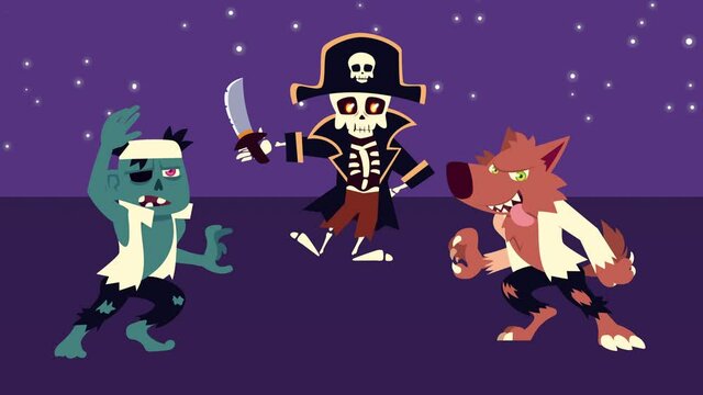 happy halloween animation characters of zombie and werewolf and pirate skull