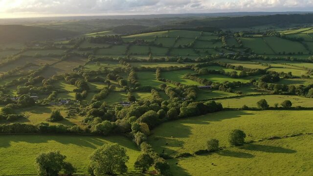Aerial clip of rolling Devon countryside near Brentor, Devon, England