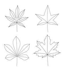 Set of leaves. Black outline. Thin line. Isolated objects on a white background. Vector illustration.