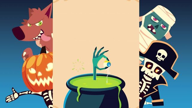happy halloween animation cauldron with funny characters