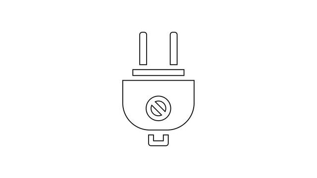 Black line Electric plug icon isolated on white background. Concept of connection and disconnection of the electricity. 4K Video motion graphic animation.