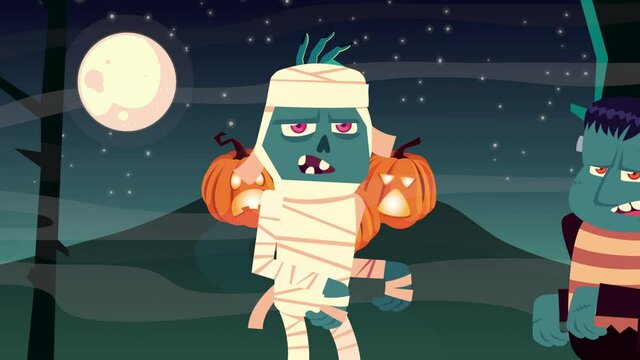 happy halloween animation characters of mummy and ghost with frankenstein