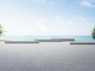 Gray concrete bench on empty outdoor terrace near garden in modern city park. Plaza 3d rendering with beach and sea view.