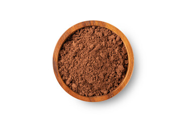 Cocoa powder in wooden bowl on white background.