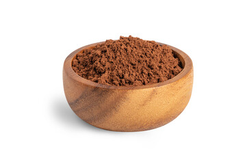 Cocoa powder in wooden bowl isolated on white background.