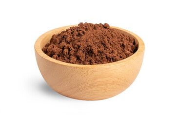 Cocoa powder  in wooden bowl isolated on white background.