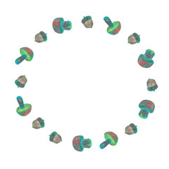 Autumn frame, invitation design with mushrooms and acorns. Drawn by hand with colored pencils.