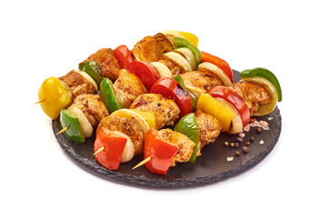 Roasted chicken kebab. Grilled meat skewers and vegetables BBQ, isolated on white background
