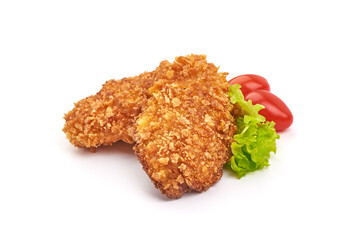 Fried chicken strips in breadcrumbs, isolated on white background
