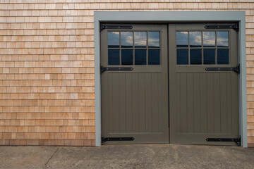exterior glass and wood of Garage door and walkway