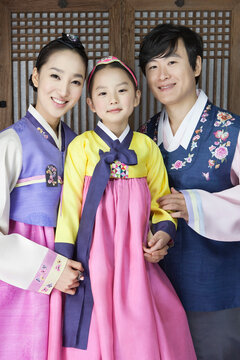 Happy Family In Korean Traditional Clothing, Hanbok