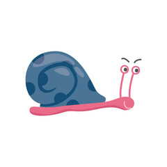 Funny snail cartoon character with blue shell flat vector illustration isolated.