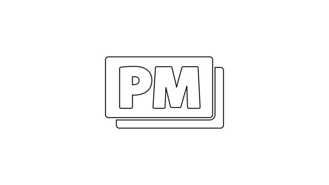 Black line Clock PM icon isolated on white background. Time symbol. 4K Video motion graphic animation.